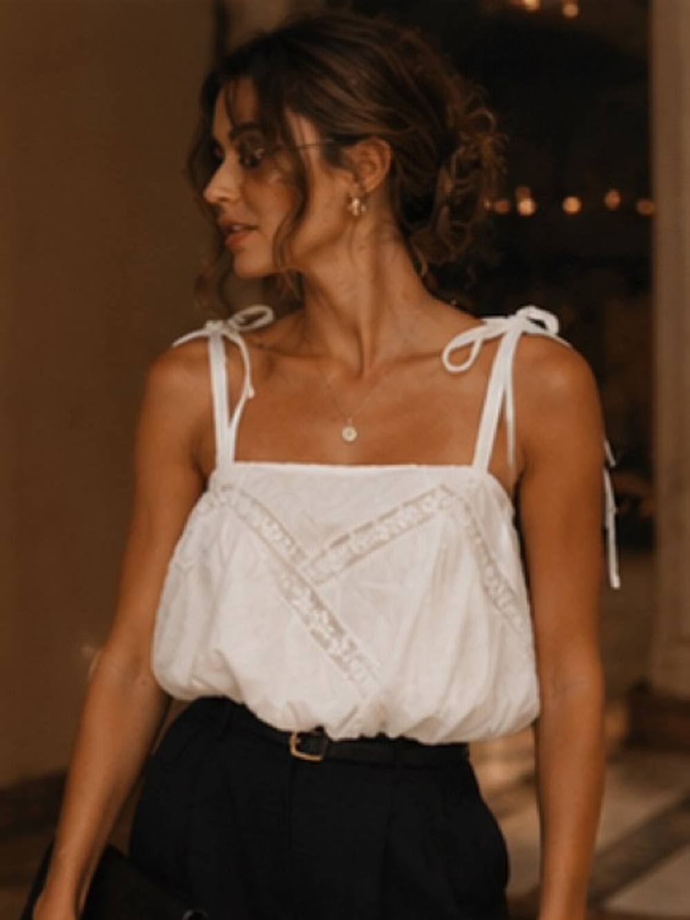 ZARA White Tie-Strap Lace Trim Boho Top NWT | Vacation Coastal Chic - Picture 7 of 8